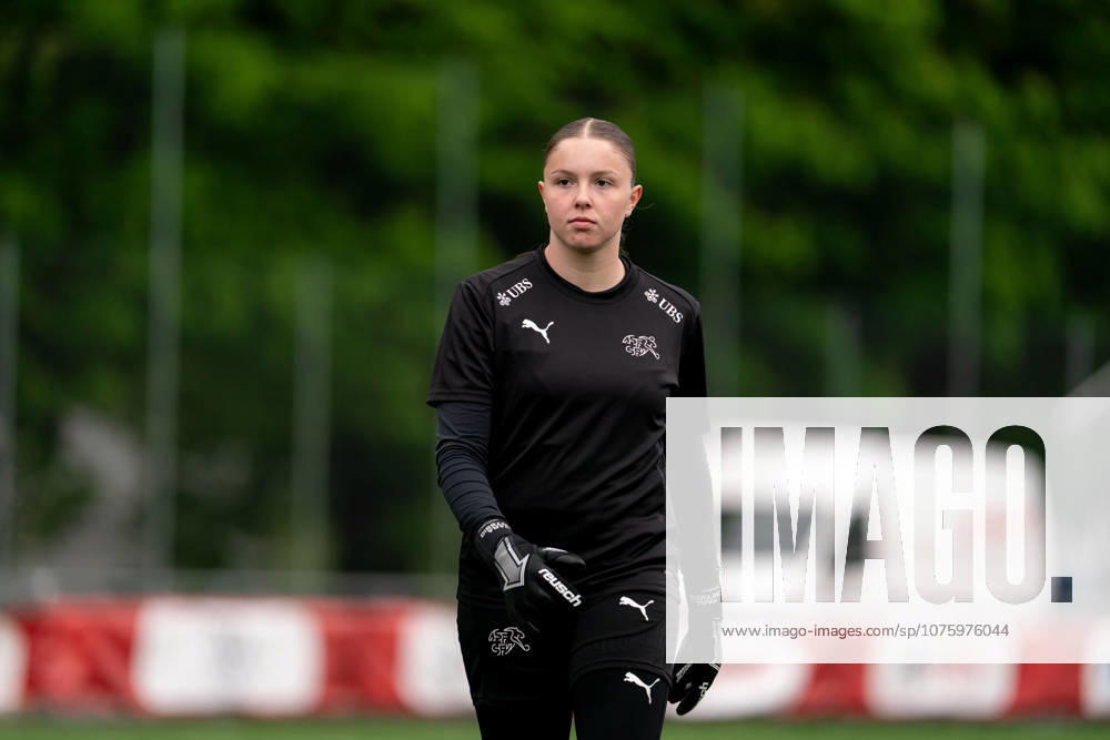 Yara Zwyssig (12 Switzerland) warming up during the UEFA Womens U19 EURO Qualifier, EM, Europameisterschaft match between Switzerland and Latvia at Stade de Copet on April 12, 2026 in Vevey Switzerland.