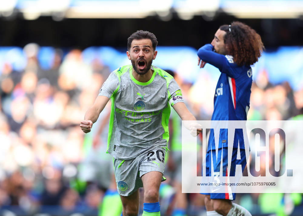 12th April 2026; Stamford Bridge, Chelsea, London, England: Premier League Football, Chelsea versus Manchester City; Bernardo Silva of Manchester City celebrates immediately after Marc Guehi of Manchester City scored his sides 2nd goal in the 57th minute for 2-0 JPxFletcher