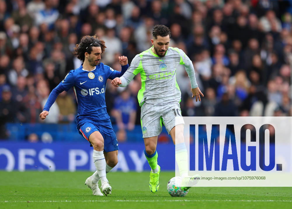 12th April 2026; Stamford Bridge, Chelsea, London, England: Premier League Football, Chelsea versus Manchester City; Rayan Cherki of Manchester City under pressure from Marc Cucurella of Chelsea JPxFletcher