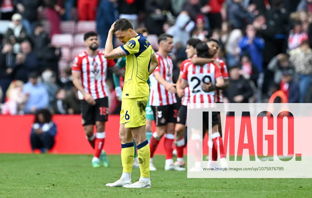 Joao Palhinha of Tottenham Hotspur looks dejected at the end of the game as the Sunderland players celebrate Sunderland v Tottenham Hotspur, Premier League, Football, Stadium of Light, Sunderland, UK - 12 Apr 2026Sunderland Stadium of Light United Kingdom