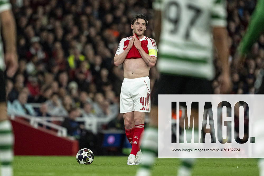 Declan Rice of Arsenal reacts during a UEFA Champions League 2025-26 match between Arsenal and Sporting CP at Emirates Stadium on April 15, 2026 in London, England. (Photo by Pedro Loureiro Sports Press Photo)