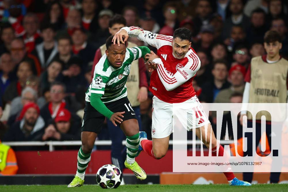Geny Catamo of Sporting CP and Gabriel Martinelli of Arsenal battle for the ball Arsenal v Sporting, UEFA Champions League, Quarter Final, Second Leg, Football, Emirates Stadium, London, UK - 15 Apr 2026London Emirates Stadium United Kingdom