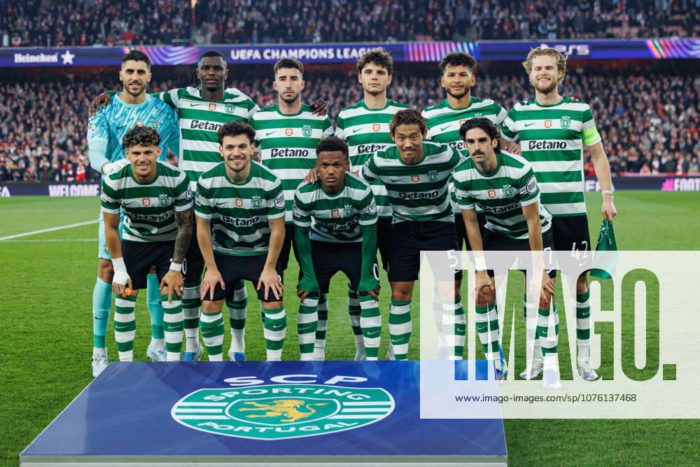 Goncalo Inacio, Luis Suarez, Maxi Araujo, Francisco Trincao Morten Hjulmand, Rui Silva, Pedro Goncalves , Hidemasa Morita, Ousmane Diomande, Eduardo Quaresma and Geny Catamo seen during UEFA Champions League quarterfinal game between teams of Arsenal FC and Sporting CP at Emirates Stadium (Maciej Rogowski Ball Raw Images) London Emirates Stadium United Kingdom