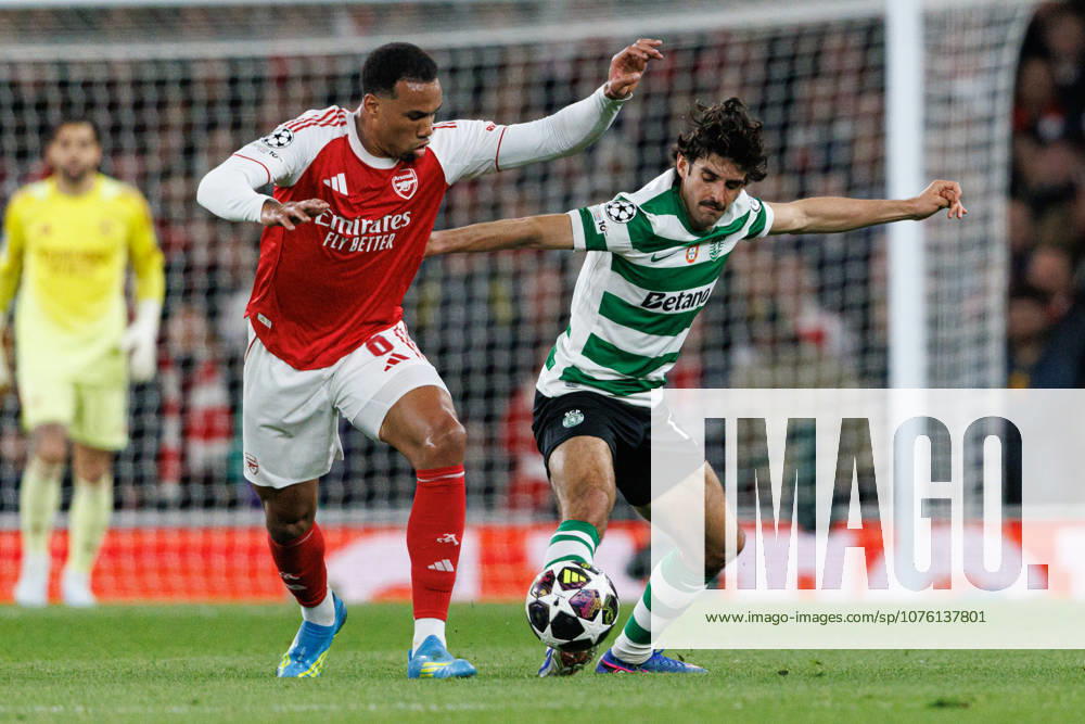 Gabriel Magalhaes and Francisco Trincao seen during UEFA Champions League quarterfinal game between teams of Arsenal FC and Sporting CP at Emirates Stadium (Maciej Rogowski Ball Raw Images) London Emirates Stadium United Kingdom
