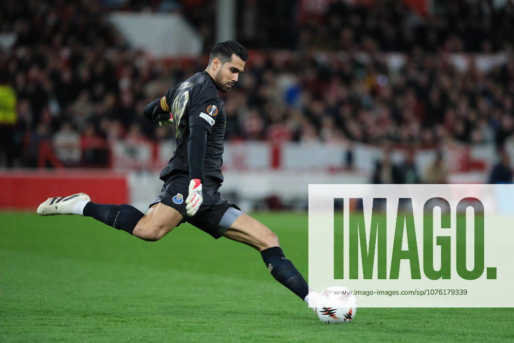Diogo Costa of FC Porto clears the ball during the UEFA Europa league quarter final football match between Nottingham Forest and FC Porto at City Ground on April 16, 2026 in Nottingham, England