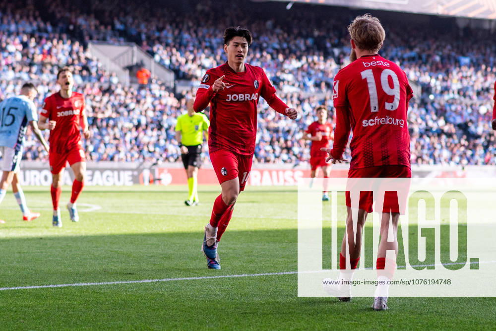 Real Club Celta v SC Freiburg - UEFA Europa League 2025 26 Quarter-Final Second Leg Yuito Suzuki of SC Freiburg celebrates his goal during the UEFA Europa League 2025 26 Quarterfinals second leg between RC Celta and SC Freiburg at Balaidos Stadium in Vigo, Spain, on April 16, 2026. Vigo Galicia Spain