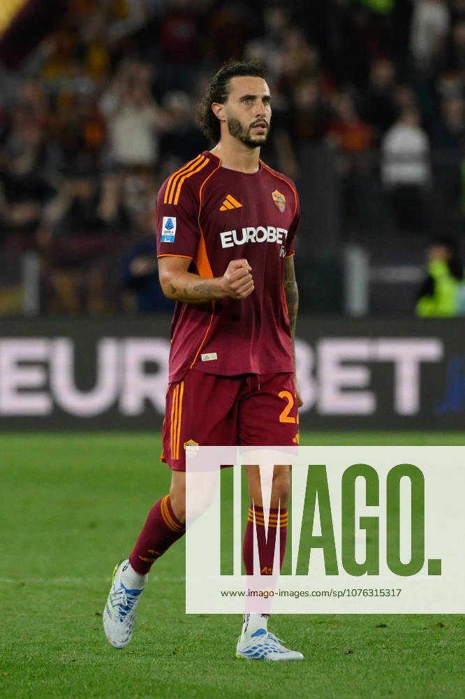 Romaâ??s Mario Hermoso celebrates after scoring the goal 1-1 during the Italian Football Championship League A Enilive 2025 2026 match between AS Roma vs Atalanta BC at the Olimpic Stadium in Rome on 18 April 2026.