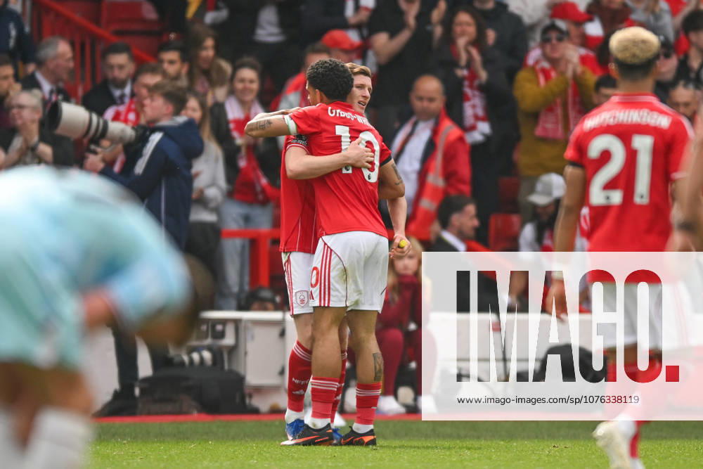 Nottingham, England, 19th April 2026. Morgan Gibbs-White of Nottingham Forest celebrates scoring an equalising goal for his team to make it 1-1 with Elliot Anderson of Nottingham Forest during the Nottingham Forest vs Burnley Premier League match at the City Ground, Nottingham. Picture credit should read: Harriet Massey Sportimage . SPI_072_FOREST_V_BURNLEY SPI-4702-0067