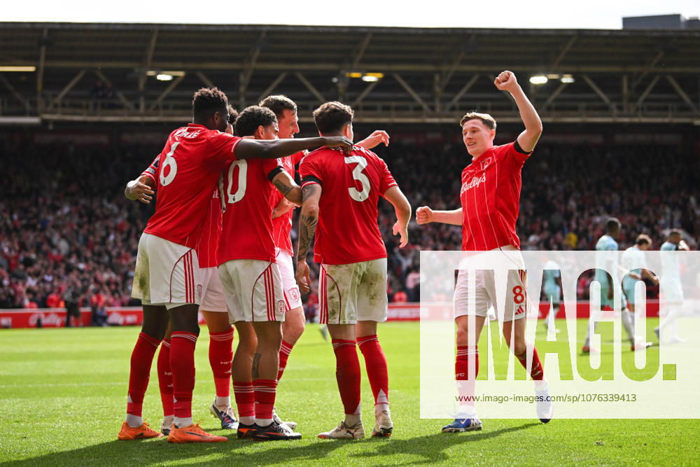 Nottingham, England, 19th April 2026. Morgan Gibbs-White of Nottingham Forest celebrates scoring a second goal to make it 2-1 with team mates during the Nottingham Forest vs Burnley Premier League match at the City Ground, Nottingham. Picture credit should read: Harriet Massey Sportimage . SPI_086_FOREST_V_BURNLEY SPI-4702-0080