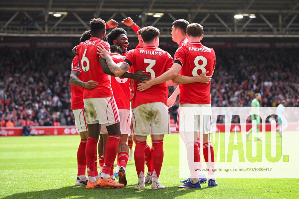 Nottingham, England, 19th April 2026. Morgan Gibbs-White of Nottingham Forest celebrates scoring a second goal to make it 2-1 with team mates during the Nottingham Forest vs Burnley Premier League match at the City Ground, Nottingham. Picture credit should read: Harriet Massey Sportimage . SPI_087_FOREST_V_BURNLEY SPI-4702-0081