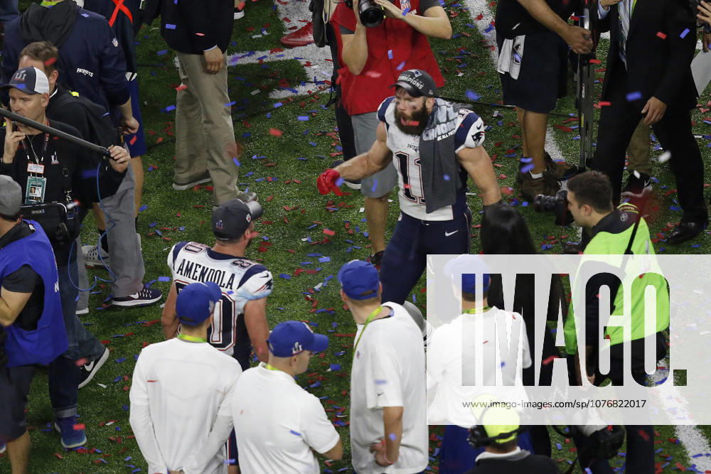 New England Patriots wide receiver Julian Edelman (11) and New England Patriots wide receiver Danny Amendola (80) celebrates after Super Bowl LI between the New England Patriots and the Atlanta Falcons at NRG Stadium in Houston, Texas. Charles Baus CSM