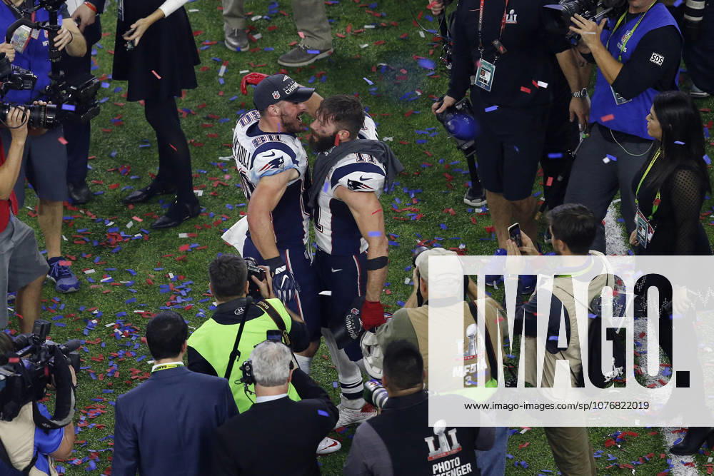 New England Patriots wide receiver Julian Edelman (11) and New England Patriots wide receiver Danny Amendola (80) celebrates after Super Bowl LI between the New England Patriots and the Atlanta Falcons at NRG Stadium in Houston, Texas. Charles Baus CSM
