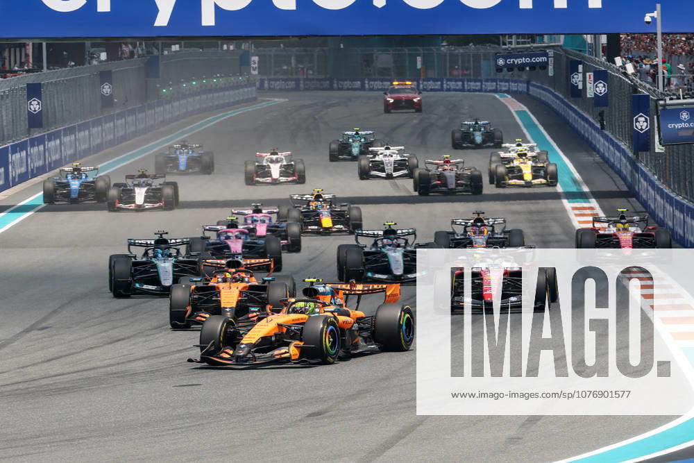 2nd May 2026; Miami International Autodrome, Miami, Florida, United States of America; 2026 FIA Formula 1 Miami Grand Prix; Sprint Race; Lando Norris (1) of Great Britain and McLaren Mastercard F1 Team leads the pack of drivers into turn one on the opening lap DavidxBuono