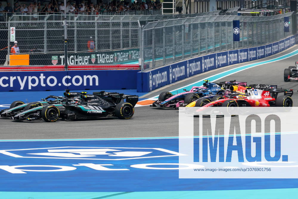 2nd May 2026; Miami International Autodrome, Miami, Florida, United States of America; 2026 FIA Formula 1 Miami Grand Prix; Sprint Race; Kimi Antonelli (12) of Italy and Mercedes-AMG PETRONAS Formula One Team and George Russell (63) of Great Britain and Mercedes-AMG PETRONAS Formula One Team lead Lewis Hamilton (44) of Great Britain and Scuderia Ferrari HP, Max Verstappen (3) of the Netherlands and Oracle Red Bull Racing and Franco Colapinto (43) of Argentina and BWT Alpine Formula One Team into turn one on the opening lap DavidxBuono