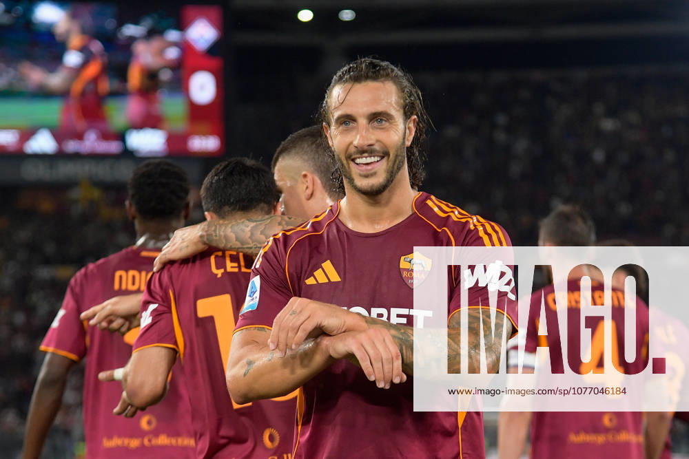 Romaâ??s Mario Hermoso celebrates after scoring the goal 3-0 during the Italian Football Championship League A Enilive 2025 2026 match between AS Roma vs ACF Fiorentina at the Olimpic Stadium in Rome on 05 May 2026.