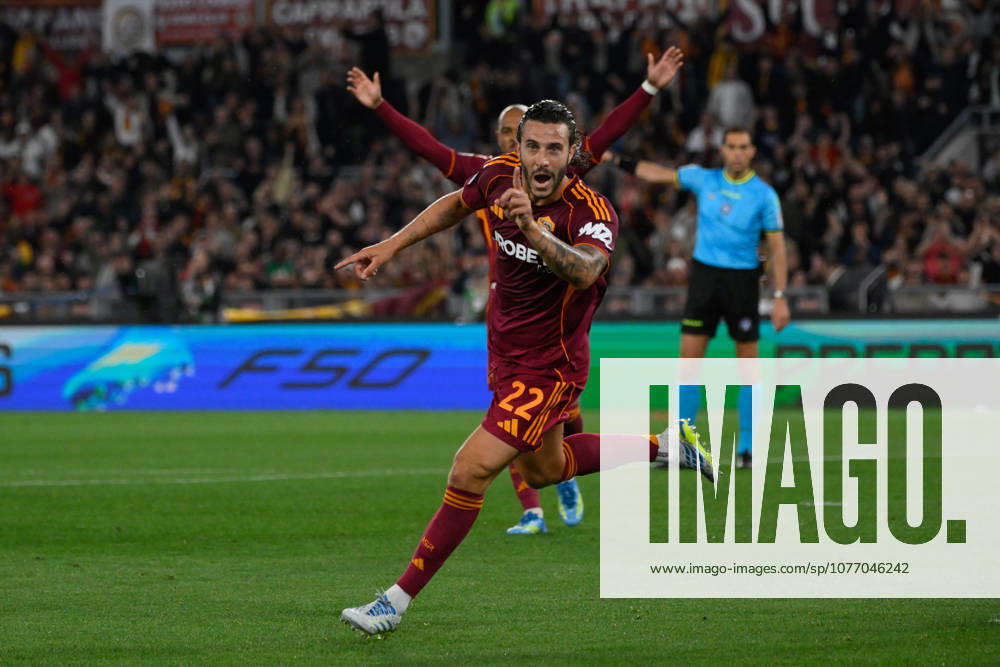 Romaâ??s Mario Hermoso celebrates after scoring the goal 3-0 during the Italian Football Championship League A Enilive 2025 2026 match between AS Roma vs ACF Fiorentina at the Olimpic Stadium in Rome on 05 May 2026.