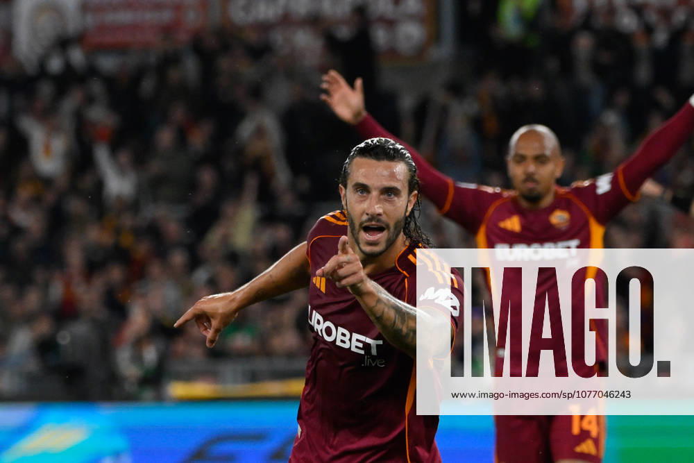 Romaâ??s Mario Hermoso celebrates after scoring the goal 3-0 during the Italian Football Championship League A Enilive 2025 2026 match between AS Roma vs ACF Fiorentina at the Olimpic Stadium in Rome on 05 May 2026.