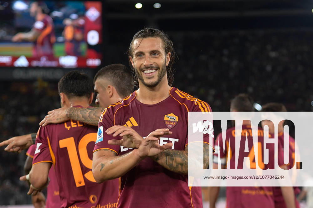 Romaâ??s Mario Hermoso celebrates after scoring the goal 3-0 during the Italian Football Championship League A Enilive 2025 2026 match between AS Roma vs ACF Fiorentina at the Olimpic Stadium in Rome on 05 May 2026.