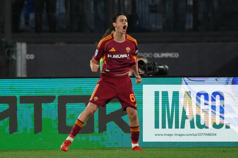 Romaâ??s Niccolo Pisilli celebrates after scoring the goal 4-0 during the Italian Football Championship League A Enilive 2025 2026 match between AS Roma vs ACF Fiorentina at the Olimpic Stadium in Rome on 05 May 2026.