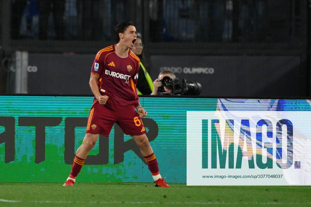 Romaâ??s Niccolo Pisilli celebrates after scoring the goal 4-0 during the Italian Football Championship League A Enilive 2025 2026 match between AS Roma vs ACF Fiorentina at the Olimpic Stadium in Rome on 05 May 2026.