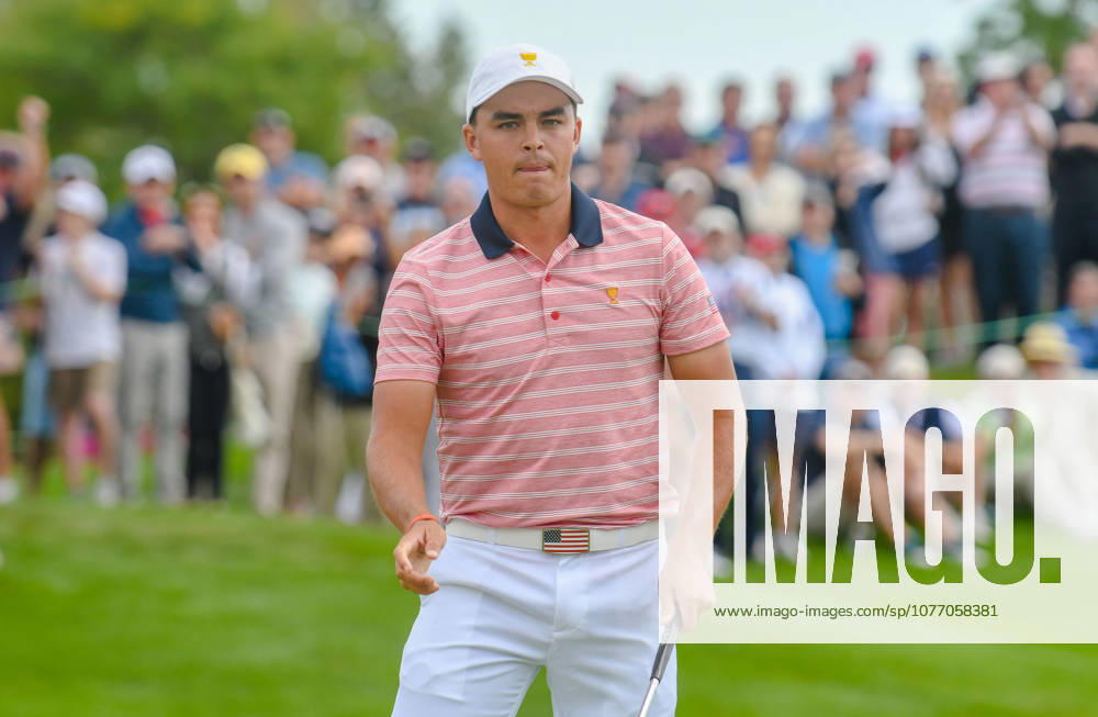 Rickie Fowler of the United States reacts after sinking a putt on the 3rd hole during the second round of the Presidents Cup at Liberty National Golf Course in Jersey City, New Jersey. Gregory Vasil CSM