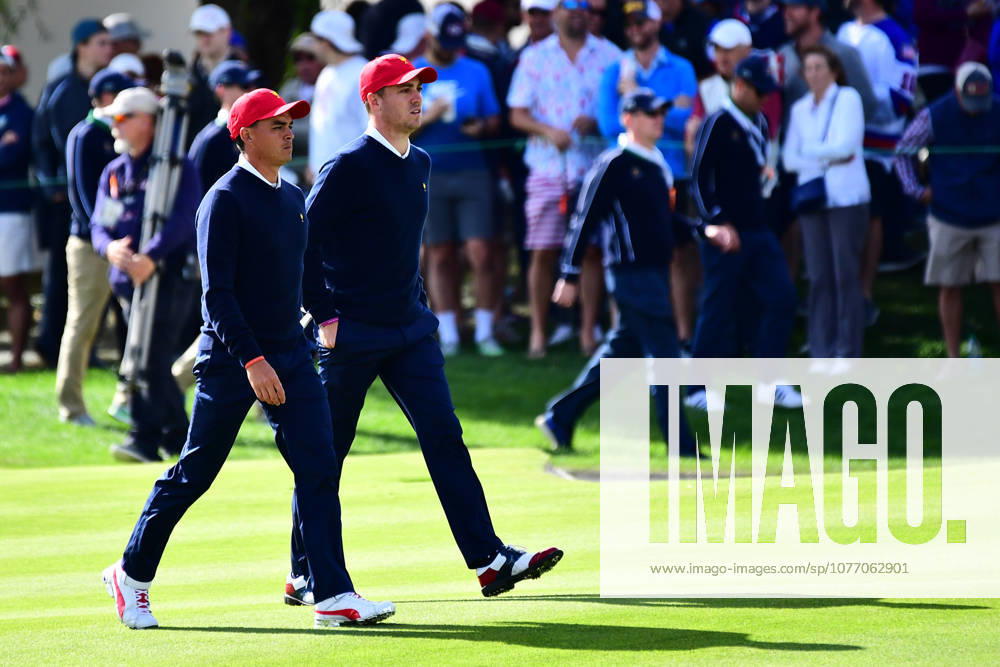 Jersey City, New Jersey, U.S - Rickie Fowler of the US Team(left) and Justin Thomas of the US Team(right) approach the 12th hole during Saturday matches of the Presidents Cup at Liberty National Golf Club in Jersey City, NJ