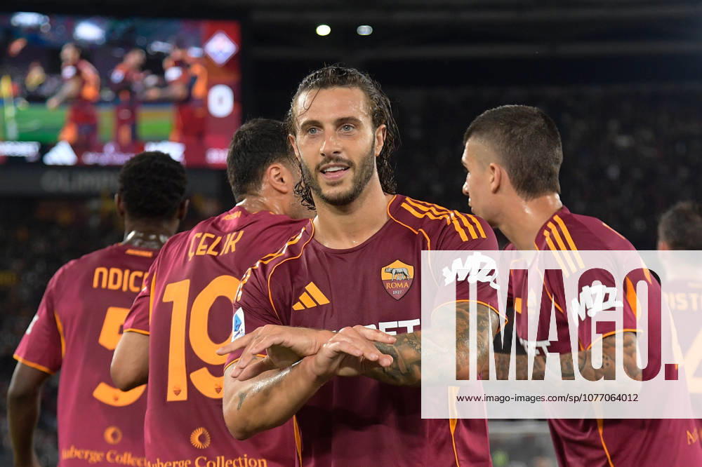 Romaâ??s Mario Hermoso celebrates after scoring the goal 3-0 during the Italian Football Championship League A Enilive 2025 2026 match between AS Roma vs ACF Fiorentina at the Olimpic Stadium in Rome on 05 May 2026.