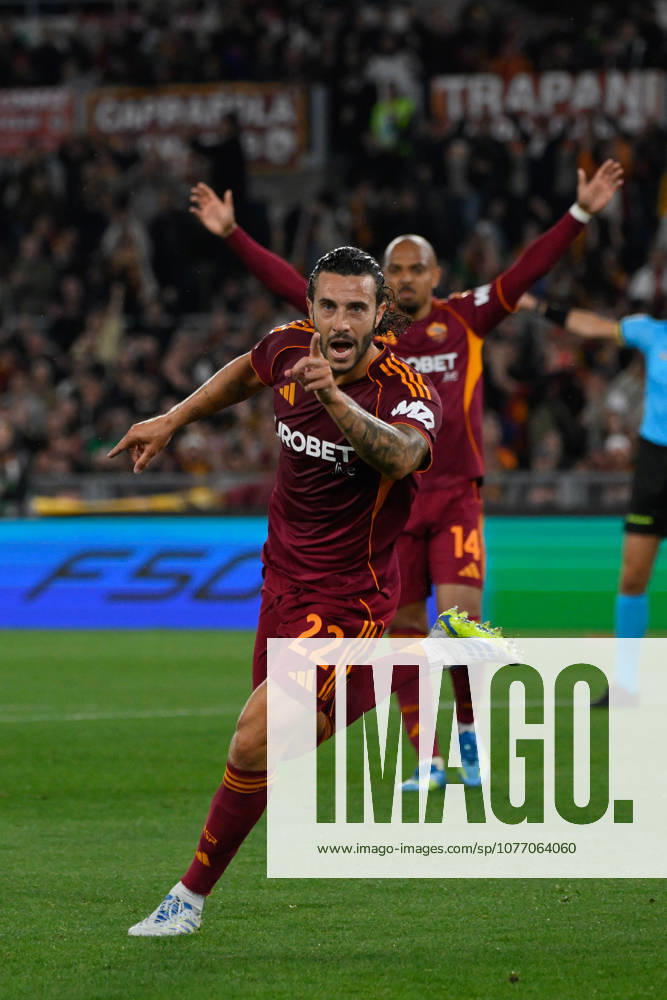 Romaâ??s Mario Hermoso celebrates after scoring the goal 3-0 during the Italian Football Championship League A Enilive 2025 2026 match between AS Roma vs ACF Fiorentina at the Olimpic Stadium in Rome on 05 May 2026.