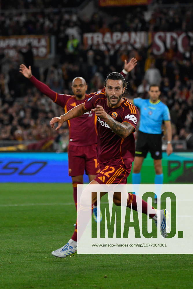 Romaâ??s Mario Hermoso celebrates after scoring the goal 3-0 during the Italian Football Championship League A Enilive 2025 2026 match between AS Roma vs ACF Fiorentina at the Olimpic Stadium in Rome on 05 May 2026.