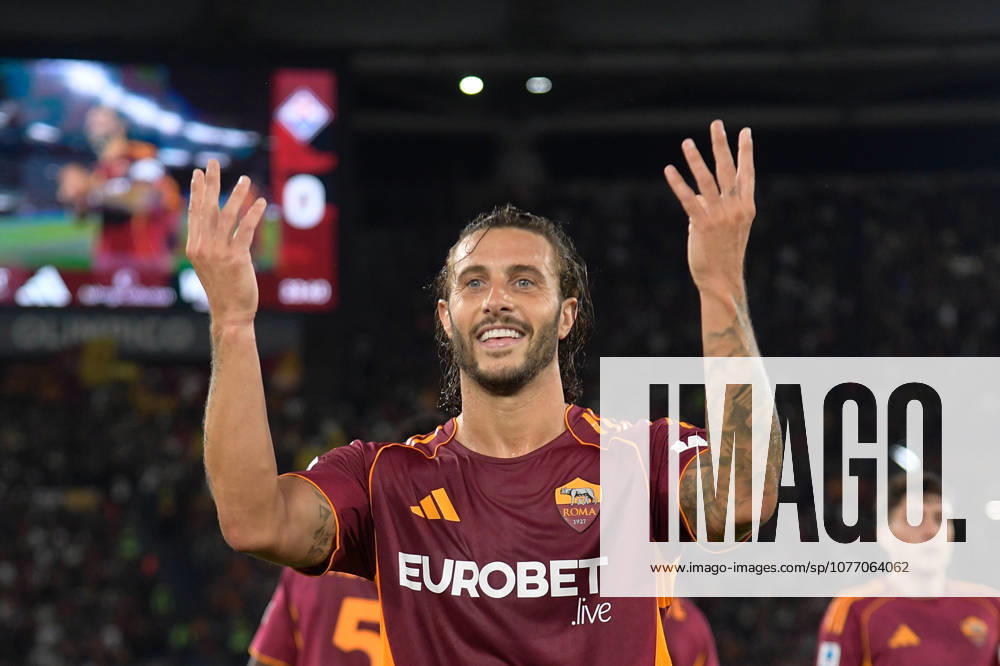 Romaâ??s Mario Hermoso celebrates after scoring the goal 3-0 during the Italian Football Championship League A Enilive 2025 2026 match between AS Roma vs ACF Fiorentina at the Olimpic Stadium in Rome on 05 May 2026.
