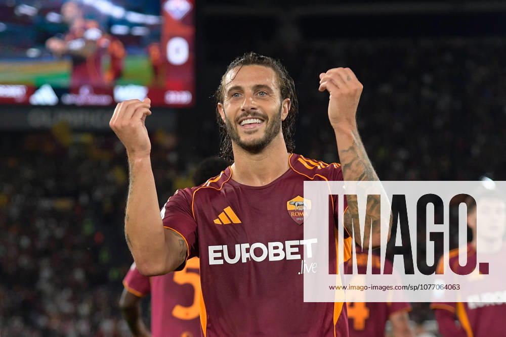 Romaâ??s Mario Hermoso celebrates after scoring the goal 3-0 during the Italian Football Championship League A Enilive 2025 2026 match between AS Roma vs ACF Fiorentina at the Olimpic Stadium in Rome on 05 May 2026.