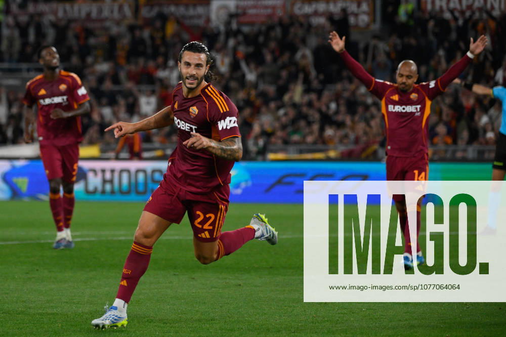 Romaâ??s Mario Hermoso celebrates after scoring the goal 3-0 during the Italian Football Championship League A Enilive 2025 2026 match between AS Roma vs ACF Fiorentina at the Olimpic Stadium in Rome on 05 May 2026.