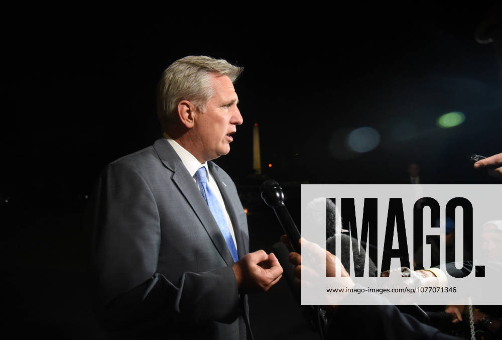 Washington, District of Columbia, United States of America - United States House Majority Leader Kevin McCarthy (Republican of California) speaks to the press on the South Lawn after US President Donald J. Trump and first lady Melania Trump returned to the White House from Las Vegas, Nevada October 4, 2017. .Credit: Olivier Douliery Pool via CNP