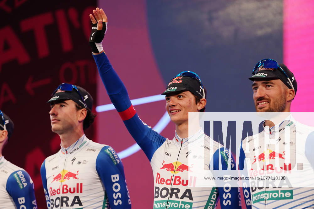 Italys Giulio Pellizzari of Red Bull - Bora - Hansgrohe during the teams presentation ahead of the Giro dItalia cycling race in Burgas. The race starts on Friday, May 8, with the first stage over 160 km, from Nessebar to Burgas, Bulgaria - Wednesday, May 6, 2026. - cycling.
