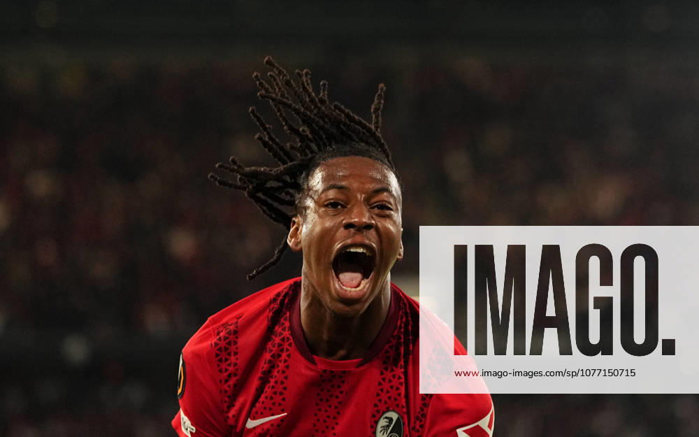 Johan Manzambi (SC Freiburg) celebrate during Freiburg and Braga, UEFA Europa League Semi final, Europa-Park Stadion, Freiburg, Germany on May 7, 2026. Thor Wegner DeFodi Images. (Photo by DeFodi Images) -