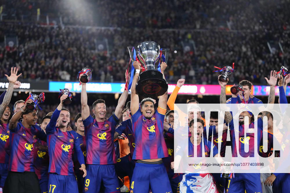 FC Barcelona, Barca v Real Madrid CF - LaLiga EA Sports Ronald Araujo centre-back of Barcelona and Uruguay lifts the trophy after winning with his team the LaLiga EA Sports match between FC Barcelona and Real Madrid CF at Spotify Camp Nou on May 10, 2026 in Barcelona, Spain. Barcelona Spain