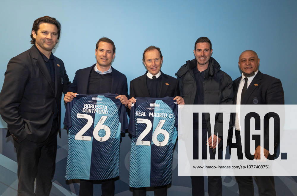 Santiago Solari, Lars Ricken, Emilio Butragueno and Roberto Carlos with Wycombe chairman Dan Rice during the Premier League International Cup final match between Real Madrid Castilla and Borussia Dortmund U21, U 21 at Adams Park, High Wycombe, England on 12 May 2026.