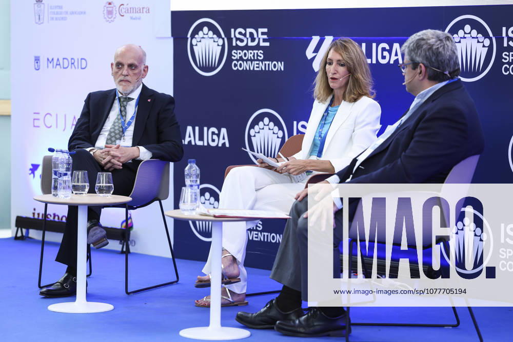 Javier Tebas, president of LaLiga, Cristina Villasante, a member of Ecija, and Juan Fernandez Tamames, a lawyer and secretary of the Criminal Compliance Committee at Telefonica Spain, are participating in a discussion on â€oeTechnology, Piracy, and Artificial Intelligence in Sports†during the ISDE Sports Convention at the Official College of Architects of Madrid on May 21, 2026, in Madrid, Spain. Madrid Spain - ZUMAa181 20260521_zaa_a181_007