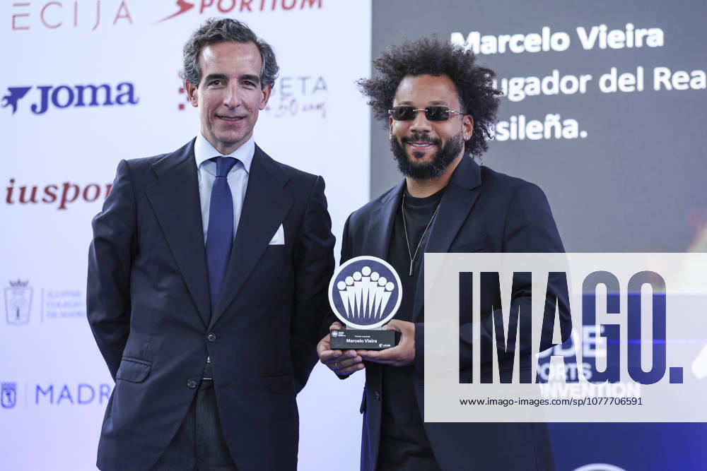 Marcelo Vieira, former soccer player, and Juan Jose Sanchez Puig, CEO of ISDE, pose for photo during the 2026 ISC Awards Ceremony, which took place.as part of the ISDE Sports Convention at the Official College of Architects of Madrid on May 21, 2026, in Madrid, Spain. Madrid Spain - ZUMAa181 20260521_zaa_a181_037