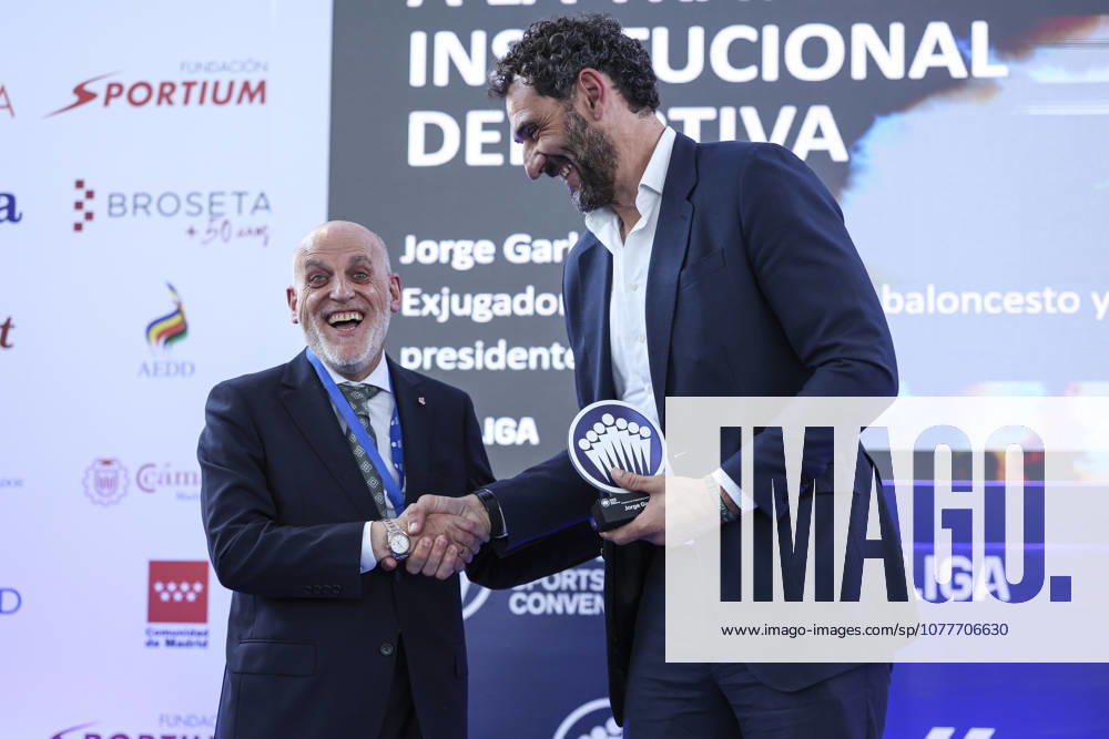 Jorge Garbajosa, executive and former basketball player, receives the Institutional Sports Career Achievement Award from Javier Tebas, President of LaLiga, during the 2026 ISC Awards Ceremony, which took place.at the ISDE Sports Convention, held at the Official College of Architects of Madrid on May 21, 2026, in Madrid, Spain. Madrid Spain - ZUMAa181 20260521_zaa_a181_046