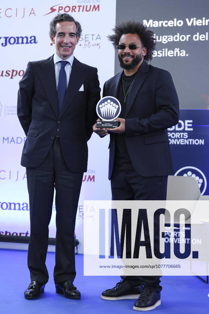 Marcelo Vieira, former soccer player, and Juan Jose Sanchez Puig, CEO of ISDE, pose for photo during the 2026 ISC Awards Ceremony, which took place.as part of the ISDE Sports Convention at the Official College of Architects of Madrid on May 21, 2026, in Madrid, Spain. Madrid Spain - ZUMAa181 20260521_zaa_a181_052