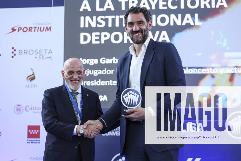 Jorge Garbajosa, executive and former basketball player, receives the Institutional Sports Career Achievement Award from Javier Tebas, President of LaLiga, during the 2026 ISC Awards Ceremony, which took place.at the ISDE Sports Convention, held at the Official College of Architects of Madrid on May 21, 2026, in Madrid, Spain. Madrid Spain - ZUMAa181 20260521_zaa_a181_053