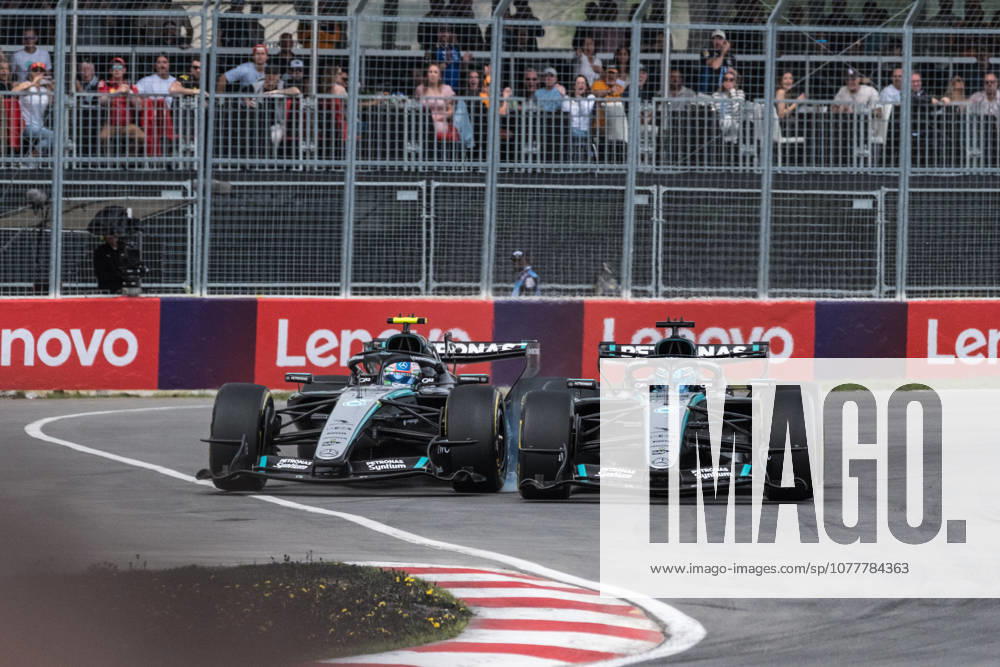 George Russell (UK, Mercedes-AMG Petronas Formula 1 Team 63) im Mercedes W17 und Kimi Antonelli (ITA, Mercedes-AMG Petronas Formula 1 Team 12) im Mercedes W17 kämpfen um die Führung im Sprint, CAN, Großer Preis von Kanada, Montreal, Motorsport, Formel 1, 23.05.2026 CAN, Großer Preis von Kanada, Montreal, Motorsport, Formel 1 Montreal