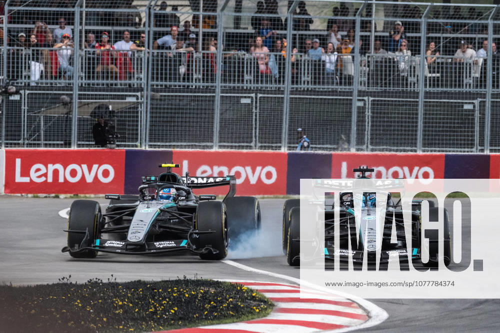 George Russell (UK, Mercedes-AMG Petronas Formula 1 Team 63) im Mercedes W17 und Kimi Antonelli (ITA, Mercedes-AMG Petronas Formula 1 Team 12) im Mercedes W17 kämpfen um die Führung im Sprint, CAN, Großer Preis von Kanada, Montreal, Motorsport, Formel 1, 23.05.2026 CAN, Großer Preis von Kanada, Montreal, Motorsport, Formel 1 Montreal