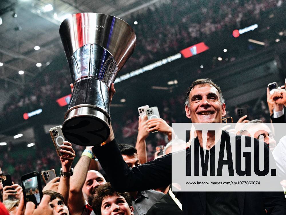 EuroLeague Basketball Final 4 - Champions Game, Olympiacos Piraeus vs Real Madrid - Georgios Bartzokas, Head Coach of Olympiacos Piraeus lift the trophy and celebrate during the Trophy Ceremony of the 2026 EuroLeague Championship Game Olympiacos Piraeus vs Real Madrid at Telekom Center Athens on May 24, 2026 in Athens, Greece. ATHENS Greece