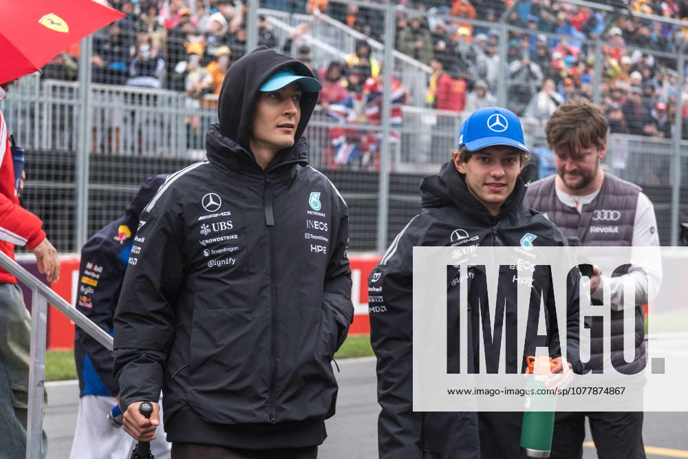 George Russell (UK, Mercedes-AMG Petronas Formula 1 Team 63) und Kimi Antonelli (ITA, Mercedes-AMG Petronas Formula 1 Team 12) bei der Fahrerparade, CAN, Großer Preis von Kanada, Montreal, Motorsport, Formel 1, 24.05.2026 CAN, Großer Preis von Kanada, Montreal, Motorsport, Formel 1 Montreal
