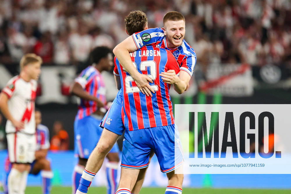 UEFA Conference League final: Crystal Palace FC Vs Rayo Vallecano Jorgen Strand Larsen and Adam Wharton celebrate a win during the UEFA Conference League Final 2026 match between Crystal Palace FC and Rayo Vallecano at Football Arena Leipzig.