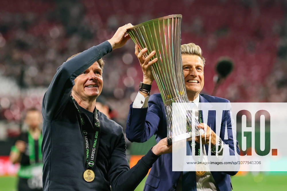 UEFA Conference League final: Crystal Palace FC Vs Rayo Vallecano Oliver Glasner coach and Steve Parish, chairman, co-owner celebrate a win with trophy during the UEFA Conference League Final 2026 match between Crystal Palace FC and Rayo Vallecano at Football Arena Leipzig.