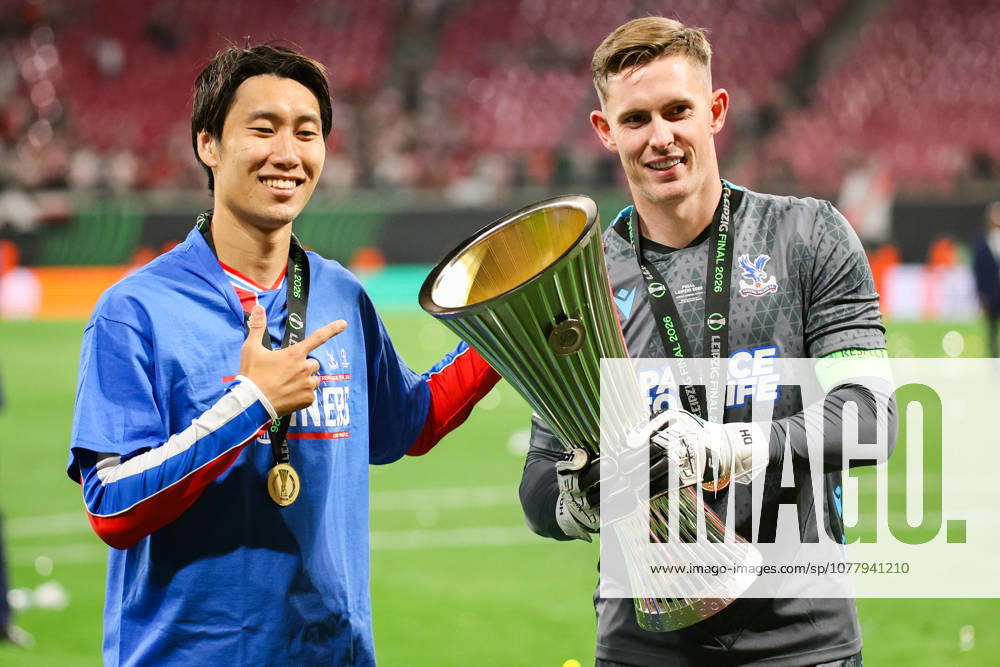 UEFA Conference League final: Crystal Palace FC Vs Rayo Vallecano Daichi Kamada (L) and Dean Henderson (R) celerate a win during the UEFA Conference League Final 2026 match between Crystal Palace FC and Rayo Vallecano at Football Arena Leipzig.