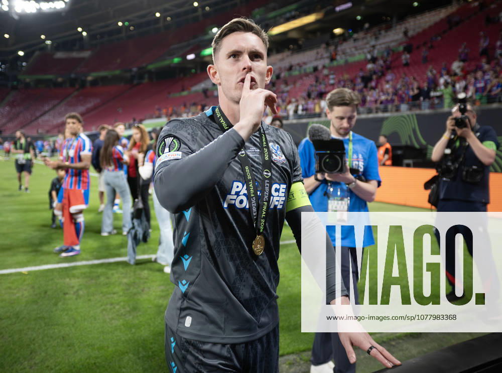 . - Crystal Palace v Rayo Vallecano, UEFA Conference League Final 2026, Red Bull Arena, Leipzig, Germany, 27th May 2026. Daniel Weir Crystal Pix Dean Henderson of Crystal Palace celebrating winning the UEFA Conference League Final with his winners medal and singing to the Crystal Palace fans. - Crystal Palace v Rayo Vallecano, UEFA Conference League Final 2026, Red Bull Arena, Leipzig, Germany, 27th May 2026. Daniel Weir Crystal Pix Leipzig Red Bull Arena Germany